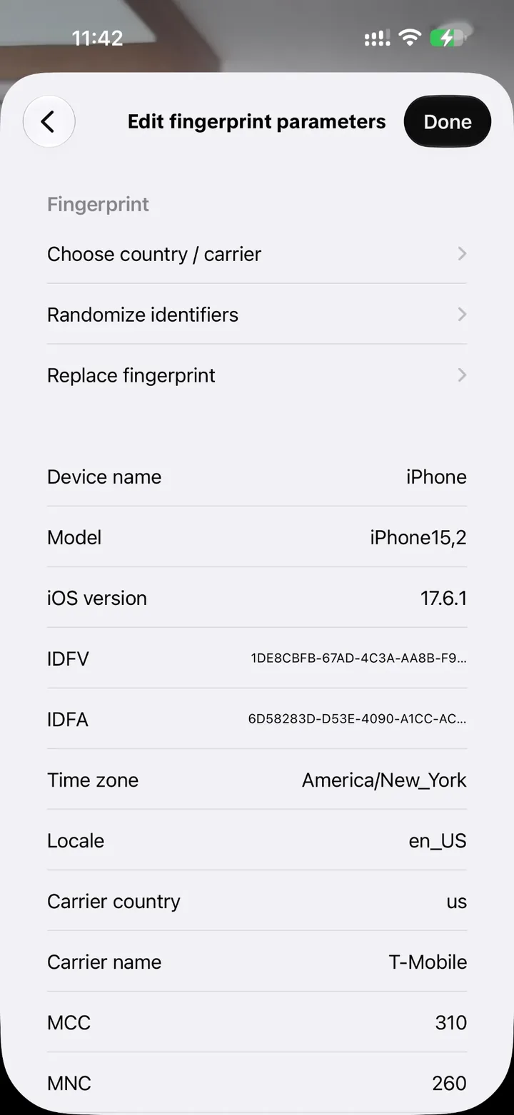 编辑指纹参数页面,显示机型 iPhone15,2、iOS 17.6.1、时区 America/New_York、运营商 T-Mobile