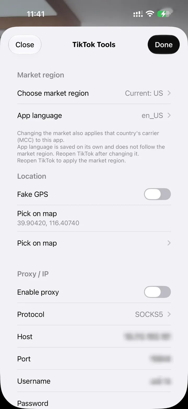 TikTok 分身里的 TikTok 工具面板,包含市场区、App 语言、虚拟定位和代理设置